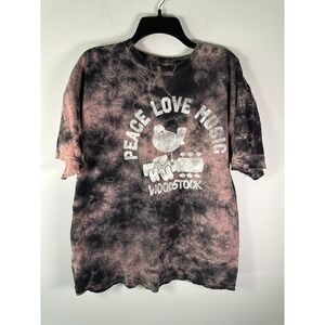 Woodstock T-Shirt Mens L Tie Dye Peace Love Music Graphic Tee Pink Black Cracked